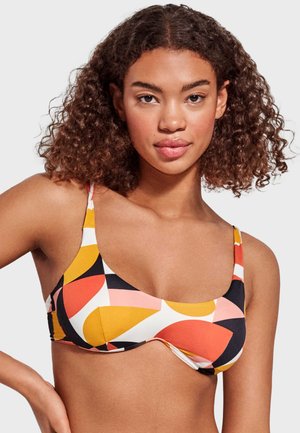 Top de bikini colorido con patrones geométricos en naranja, amarillo, rosa, negro y blanco. Tela suave, con tirantes finos ajustables.
