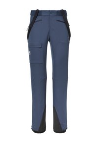 Pantalons d'extérieur bleu marine en matériau flexible, dotés de poches cargo, de sangles ajustables et de poignets renforcés gris foncé.