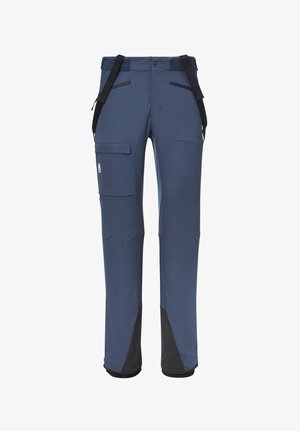 Navy blue outdoor pants made of flexible material, featuring cargo pockets, adjustable straps, and reinforced dark gray cuffs.