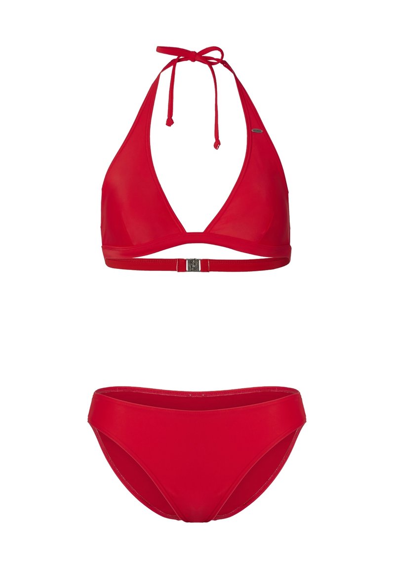 Červený bikiny set s halter krkom a trojuholníkovým dizajnom, s bočným zapínaním, doplnený o zodpovedajúce nízko vyrezané nohavičky. Hladká textúra.