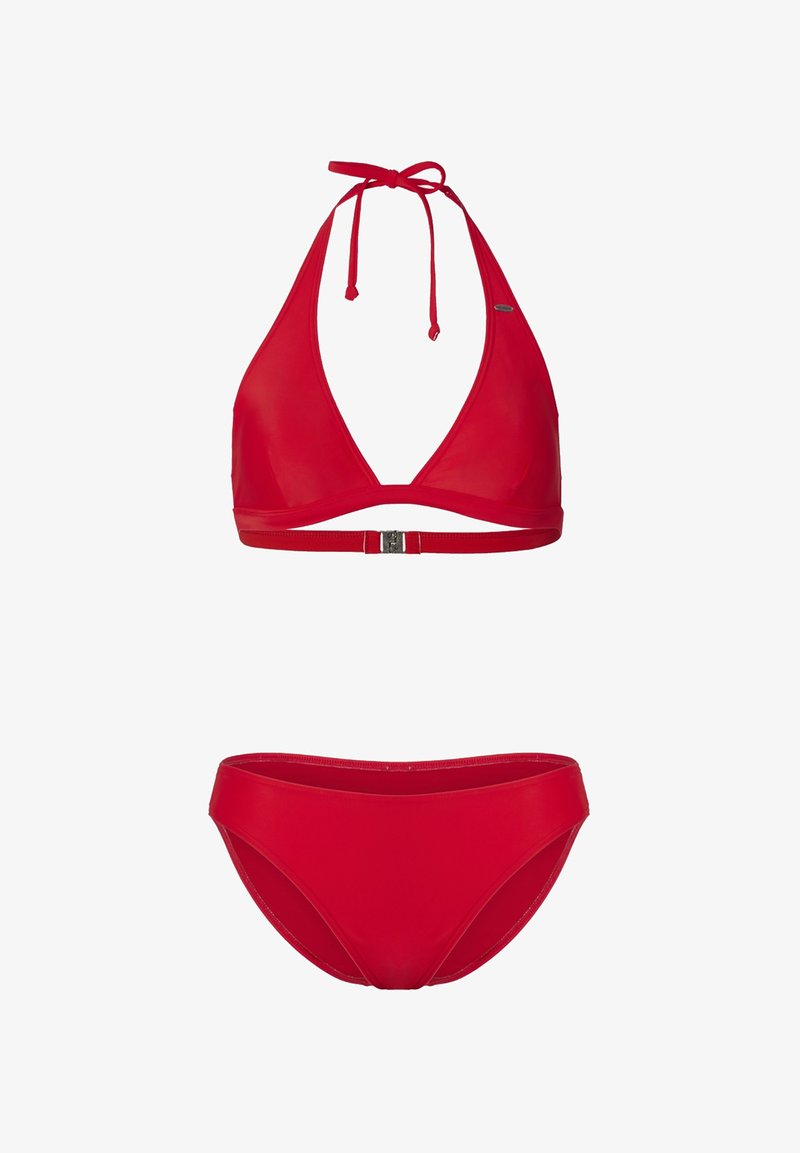 Röd bikini i set med en halter neck-topp med triangeldesign och sidoklämma, i kombination med matchande lågriskade bottnar. Slät textur.