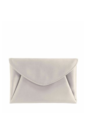 Jasnoszara kopertówka z satyny z trójkątną klapką i usztywnionymi bokami, zaprojektowana na formalne lub wieczorowe okazje.