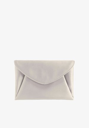 Jasnoszara kopertówka z satyny z trójkątną klapką i usztywnionymi bokami, zaprojektowana na formalne lub wieczorowe okazje.