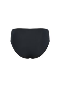 Bas de bain noir en matériau lisse et extensible. Présente un design simple sans couture et une taille mi-haute, adapté aux activités aquatiques.