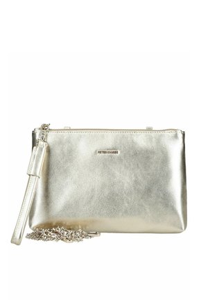 Metallic-goldene Handgelenktasche mit Reißverschluss und abnehmbarem Kettenriemen, kleine rechteckige Form.