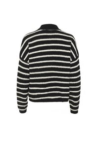 Pull en maille à rayures horizontales noires et blanches vu de dos, avec manches longues, col et ourlet côtelés.