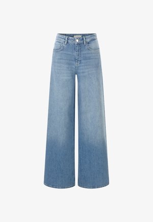 Jeans a gamba larga in denim blu chiaro, con vita alta, tasche frontali e un sottile effetto sfumato verso l'orlo.