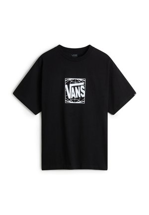 Black cotton t-shirt featuring a white Vans logo inside a square design on the front. Short sleeves and a crew neckline.