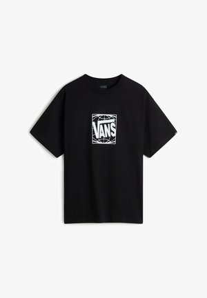 Camiseta de algodón negra con un logo blanco de Vans dentro de un diseño cuadrado en la parte delantera. Mangas cortas y cuello redondo.