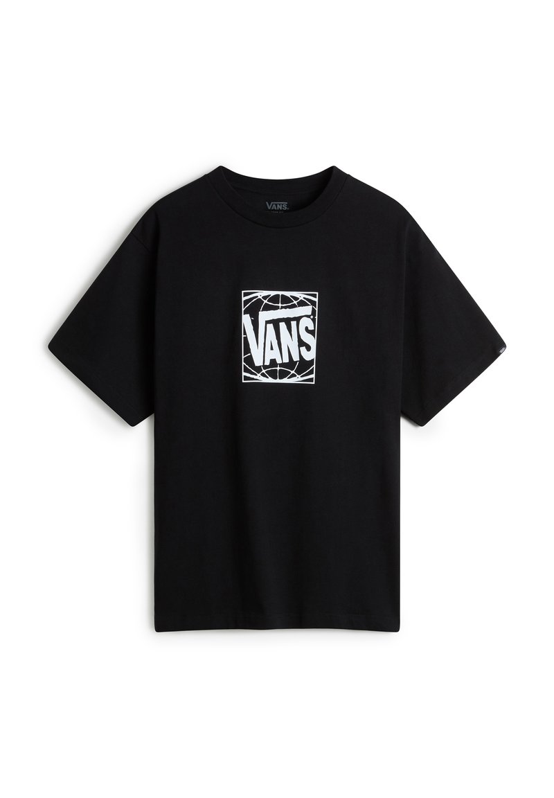 Camiseta de algodón negra con un logo blanco de Vans dentro de un diseño cuadrado en la parte delantera. Mangas cortas y cuello redondo.