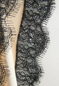 Černá krajka s komplikovanými květinovými vzory a vroubkovanými okraji kontrastuje s hladkým látkovým základem v barvě těla pod ní.