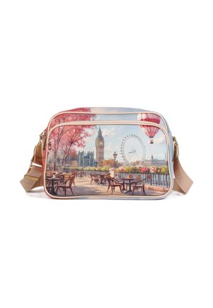 Borsa a tracolla stampata con una scena di Londra che presenta il Big Ben, il London Eye, tavoli da caffè all'aperto, alberi rosa e una mongolfiera.