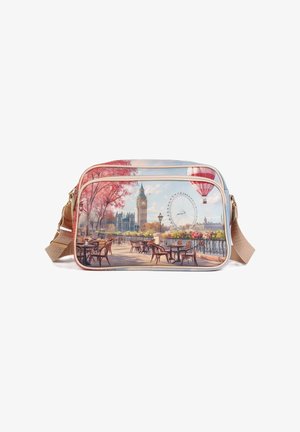 Borsa a tracolla stampata con una scena di Londra che presenta il Big Ben, il London Eye, tavoli da caffè all'aperto, alberi rosa e una mongolfiera.