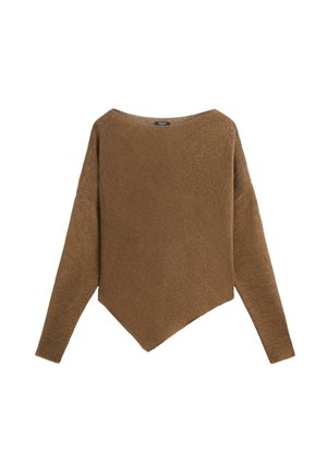 Brauner Strickpullover mit langen Ärmeln und spitz zulaufendem Saum, mit weitem Rundhalsausschnitt und strukturierter Stoffqualität.