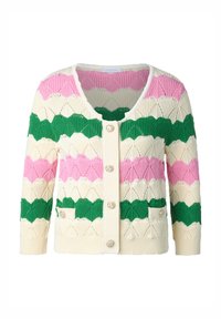 Neulecardigan, jossa on hymyilevä kuvio vihreänä, pinkkinä ja kermana, pyöreä kaula-aukko, etupainikkeet ja kaksi etutaskua.