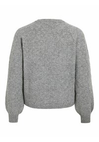 Maglione grigio lavorato a maglia con un motivo testurizzato, scollo rotondo e maniche lunghe a sbuffo. Bordo a coste all'orlo e ai polsini.