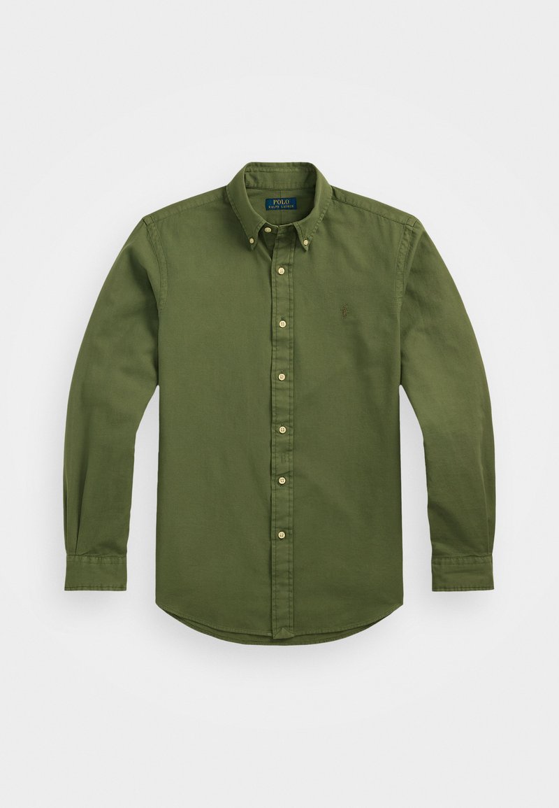 Grön långärmad skjorta med knappar, tillverkad av bomull, med en spetsig krage, knappad framsida och en liten logotyp broderad på bröstet.