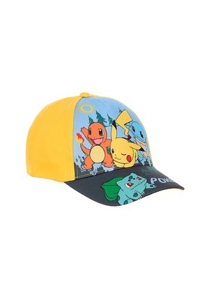 Yellow baseball cap featuring cartoon characters Charmander, Pikachu, Squirtle, and Bulbasaur from Pokémon with forest and sun background.
