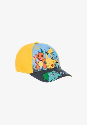 Gelbe Baseballkappe mit den Cartoon-Figuren Glumanda, Pikachu, Schiggy und Bisasam aus Pokémon mit Wald- und Sonnenhintergrund.