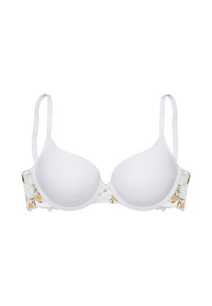White bra with smooth cups and a floral-patterned lace band. Features adjustable straps and a decorative button detail at the center.