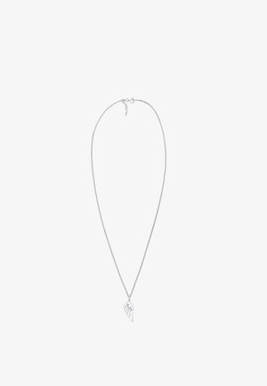 Silberne Halskette mit feiner Kette und einem flügelförmigen Anhänger mit strukturierten Details. Minimalistisches Design mit polierter Oberfläche.