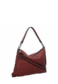 Borsa a spalla in pelle rossa con texture, dotata di una sola tracolla, caratterizzata da una tracolla nera e chiusura con zip sul lato.