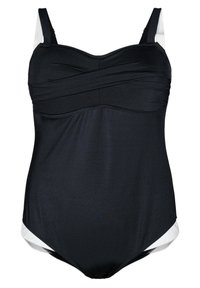 Costume da bagno intero nero con parte frontale testurizzata, spalline regolabili e pannelli laterali bianchi; presenta un design con corpetto arricciato.