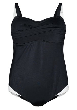 Costume da bagno intero nero con parte frontale testurizzata, spalline regolabili e pannelli laterali bianchi; presenta un design con corpetto arricciato.