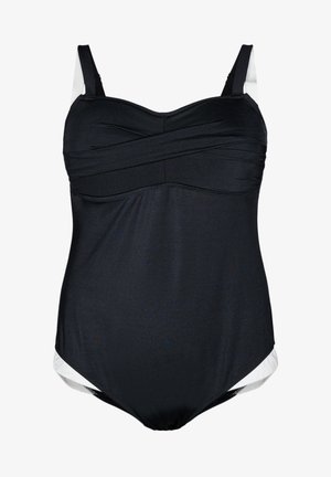 Čierny jednodielny plavky s textúrovaným predným dielom, nastaviteľnými ramienkami a bielymi bočnými panelmi; má zúžený dizajn v oblasti poprsia.