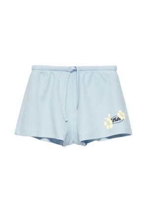 Pantaloni scurți casual bleu deschis cu talie cu șnur și design floral galben cu textul "USA" pe piciorul stâng.