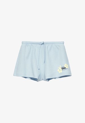 Pantaloni scurți casual bleu deschis cu talie cu șnur și design floral galben cu textul "USA" pe piciorul stâng.