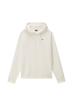 Off-white hoodie met lange mouwen, capuchon met trekkoord, klein geborduurd rood en marineblauw logo op de linkerborst, effen voorkant, geribbelde boorden en zoom.