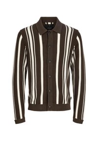 Braun-weißer gestreifter Cardigan mit Kragen, Knopfverschluss, geripptem Textur und Bündchen. Der Stoff ist gestrickt und hat vertikale Streifen.