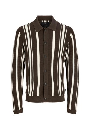 Brūna un balta svītrainā kardigāna ar apkakli, pogu aizdari, ribotu tekstūru un piedurknēm. Audums ir adīts un tam ir vertikālas svītras.