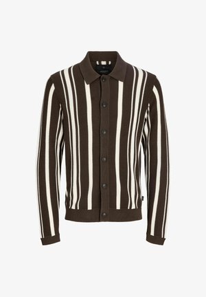 Cardigan rayé marron et blanc avec un col, fermeture à boutons, texture côtelée et poignets. Le tissu est en tricot et présente des rayures verticales.