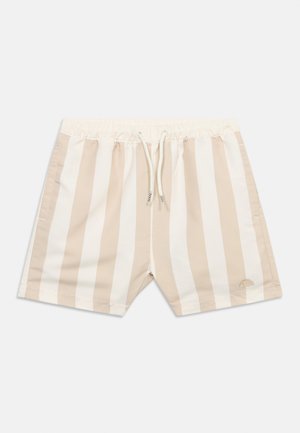 Vyrų smėlio spalvos ir baltos spalvos dryžuoti vertikaliai maudymosi šortai su elastingu liemeniu ir baltu raišteliu.