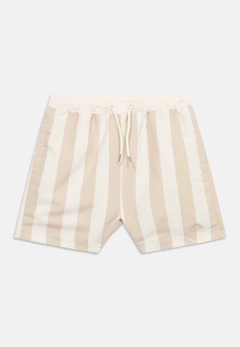 Ανδρικό μαγιό βερμούδα με κάθετες μπεζ και λευκές ρίγες, ελαστική μέση και λευκό κορδόνι.