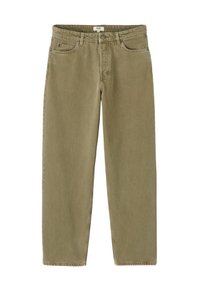 Jeans couleur kaki avec une coupe droite, fabriqués en denim. Comprend cinq poches, une fermeture à bouton et des détails de couture ton sur ton.