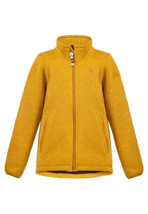 Giacca in pile gialla con zip a tutta lunghezza e colletto alto, due tasche laterali e zip decorativa su sfondo bianco.