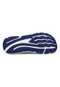 Sola della scarpa con una combinazione di colori bianco e blu navy, caratterizzata da una superficie testurizzata con un motivo a zigzag per una migliore presa e stabilità.