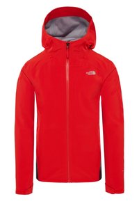 Röd vattentät jacka med grå insida, med frontdragkedja, huva och logga på vänster bröst. Slät textur och smal passform.