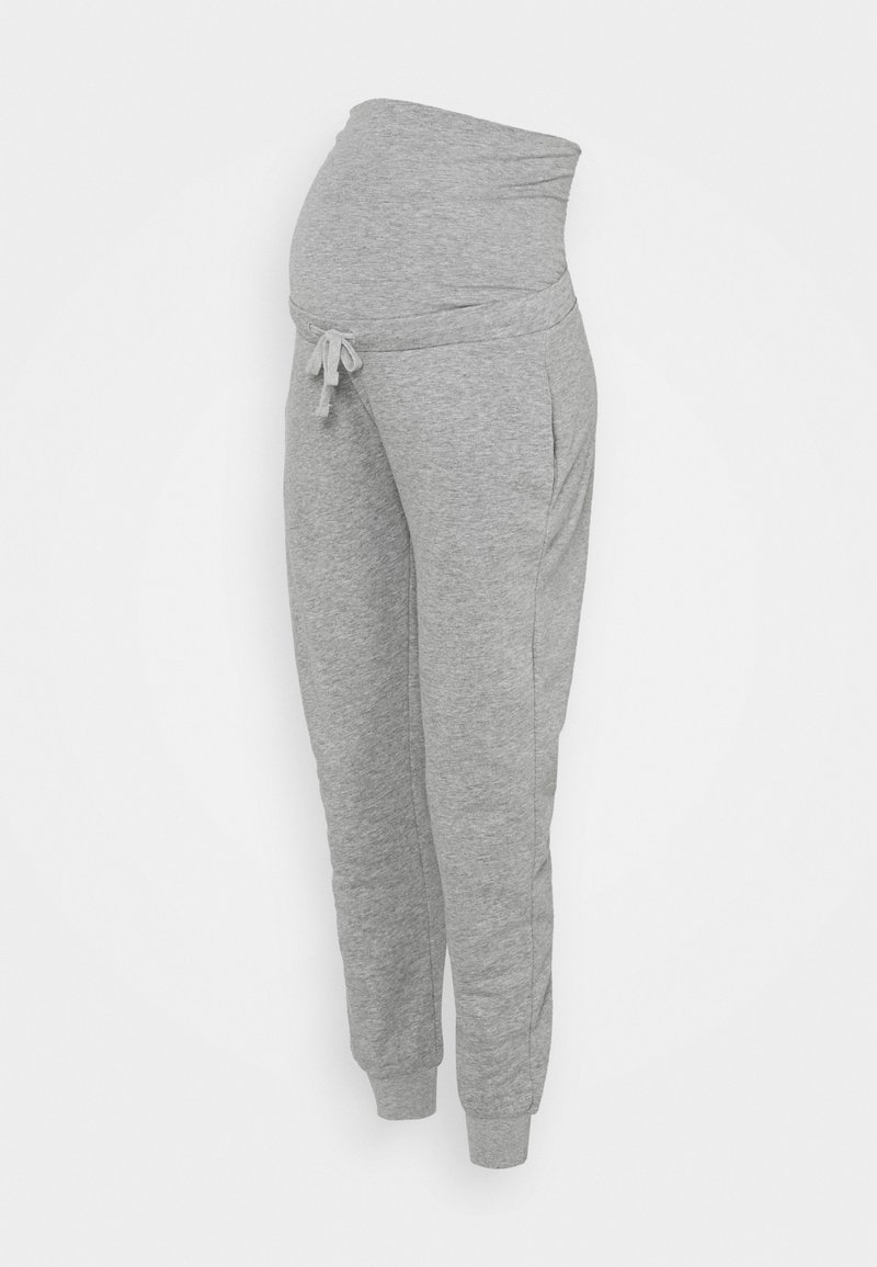Grijze joggingbroek met een brede, opvouwbare tailleband, zijzakken en elastische boorden bij de enkels. Gemaakt van zacht, flexibel materiaal.
