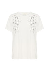 Camiseta blanca de manga corta con un corte relajado y embellishments de tachuelas plateadas decorativas que forman un patrón simétrico en la parte delantera.