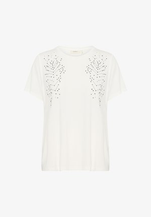 Baltas trumpas rankovėmis marškinėliai, pasižymintys laisvu kirpimu ir dekoratyviais sidabro spalvos kalnų krištolo akmenimis, kurie sukuria simetrišką raštą ant priekio.