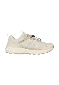 Beiger flacher Wanderschuh mit wasserdichtem Etikett, Zuglaschen, Schnellverschluss-System, gepolsterter Sohle und profiliertem Grip-Profil.