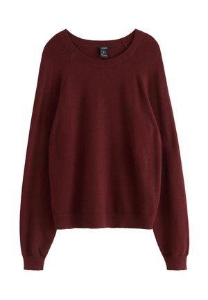 Maglione a maglia bordeaux con ampio scollo rotondo, maniche lunghe a raglan e bordi a costine, realizzato in un tessuto morbido e testurizzato.