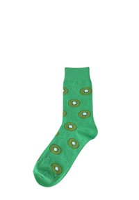 Calcetines verdes con estampado de kiwi, con diseños circulares y una textura suave, ideales para el uso casual.