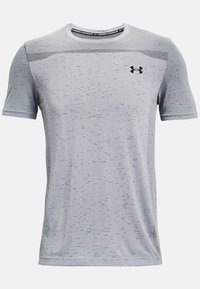 T-shirt d'athlétisme gris à manches courtes en tissu texturé, avec un col rond et un logo noir Under Armour sur la poitrine.