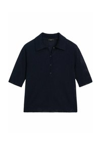 Marineblå kortærmet polo-shirt i struktureret strikket stof med spids krave og treknap-lukning.