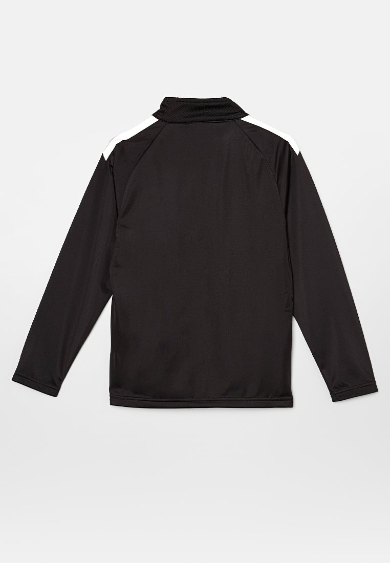 Czarna sportowa kurtka z długim rękawem, z teksturowanej tkaniny i wysokim kołnierzem. Białe paski akcentujące na ramionach dodają kontrastu.
